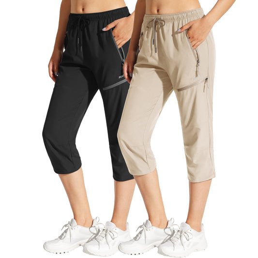 MOCOLY Women's Cargo Hiking Pants Elastic Waist Quick Dry Lightweight Water Resistant Active Long Pants UPF 50+