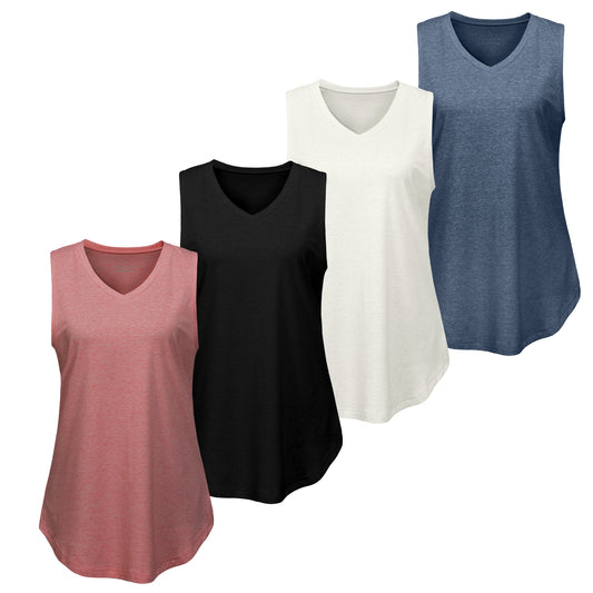 4 camisetas sin mangas con cuello en V para mujer – Camisetas básicas sin mangas con dobladillo curvo