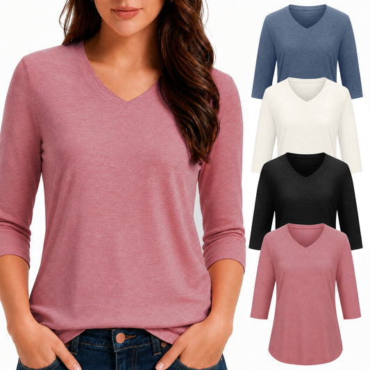 Paquete de 4 tops de mujer de manga 3/4, camisetas con cuello en V, tops de talla grande