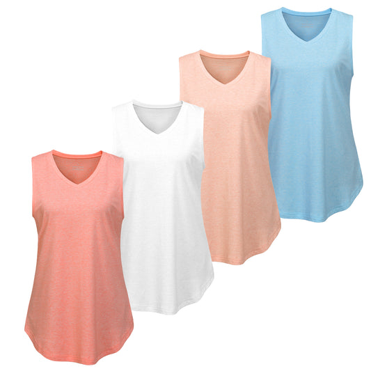 4 camisetas sin mangas con cuello en V para mujer – Camisetas básicas sin mangas con dobladillo curvo