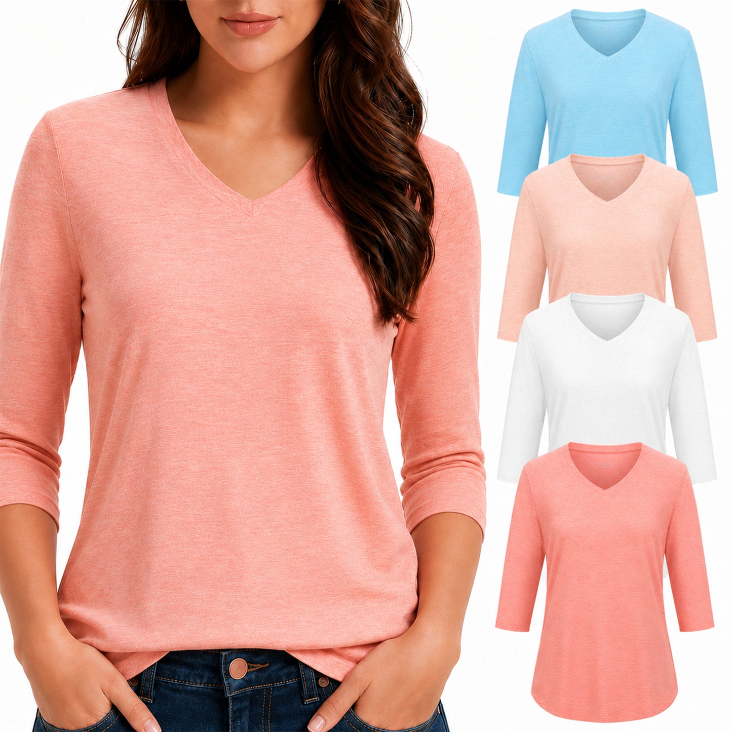 4 Pack 3/4 Length Sleeve Womens Tops V Neck T Shirts Plus Size Tops