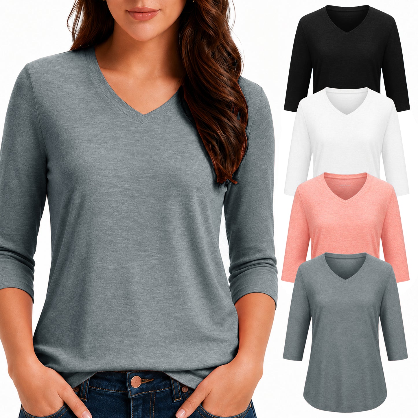 4 Pack 3/4 Length Sleeve Womens Tops V Neck T Shirts Plus Size Tops