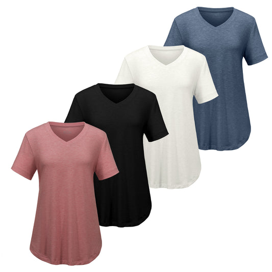 Camisetas de manga corta para mujer VILIGO, cuello en V, lisas, informales - Paquete de 4