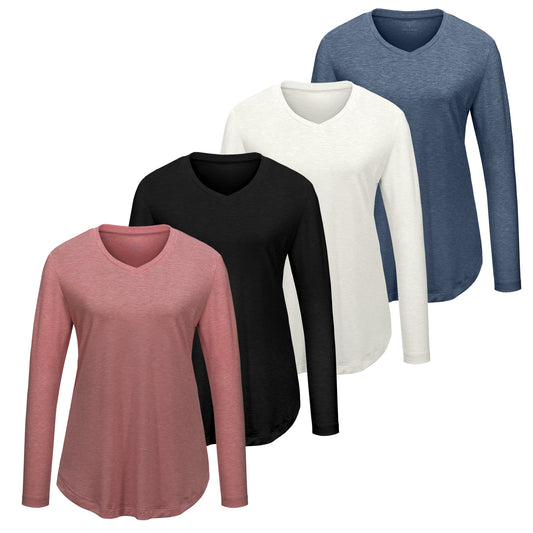 Camisetas VILIGO de manga larga y cuello en V para mujer - Paquete de 4